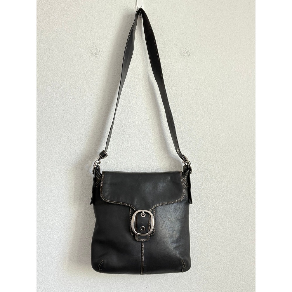VTG COACH Bleecker Black Leather Messenger Bag Y2K Buckle Flap Crossbody Grunge - Picture 2 of 10